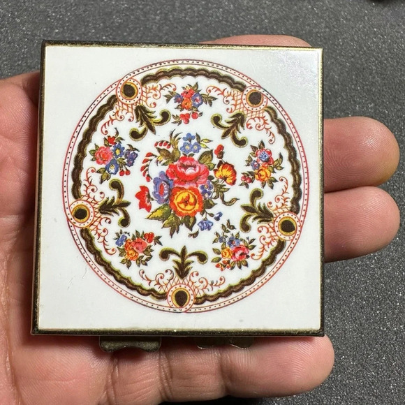 Vintage Handheld Compact Mosaic Floral Top Hinged Double Mirror - Picture 1 of 8